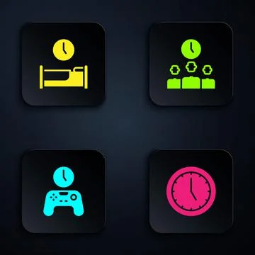 Set Clock, Time to sleep, Gamepad of time and Management. Black square button Illustrazione stock