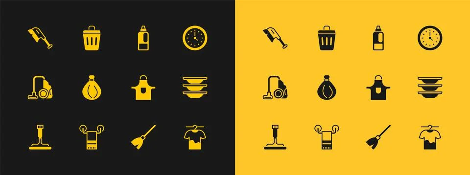Set Clock, Towel on hanger, Kitchen apron, Handle broom, Garbage bag, Bottl.. Illustration