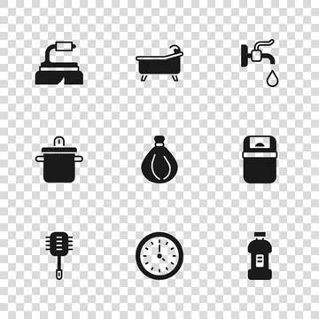 Set Clock, Trash can, Bottle for detergent, Garbage bag, Water tap, Brush c.. Ilustração Stock