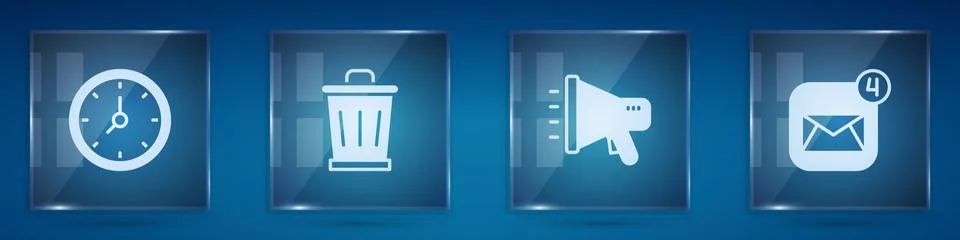 Set Clock, Trash can, Megaphone and Envelope. Square glass panels. Vector Stock Illustration