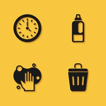 Set Clock, Trash can, Sponge and Bottle for detergent icon with long shadow Stock Illustration