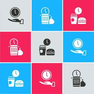 Set Clock, Waste of time and Fast food icon. Vector Stock Illustration