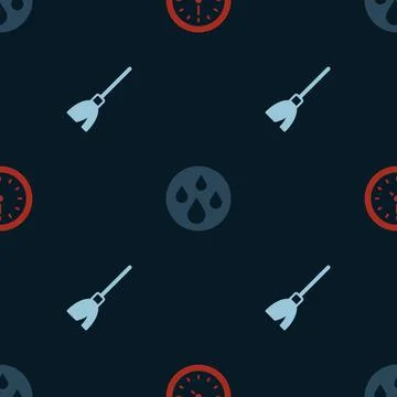 Set Clock, Water drop and Handle broom on seamless pattern. Vector Stock Illustration