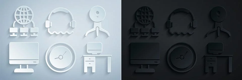 Set Clock, Web camera, Computer monitor screen, and desk, Headphones and network Stock Illustration