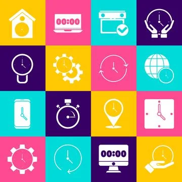 Set Clock, World time, Calendar with check mark, Time Management, Retro wal.. Stockillustratie