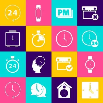 Set Clock, Wrist watch, 24 hours, PM, Stopwatch, Alarm clock, and icon. Vector Stock Illustration