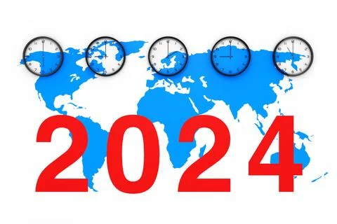 Set of Clocks with Different World Time, Blue World Map and New 2024 Year S.. Illustrazione stock
