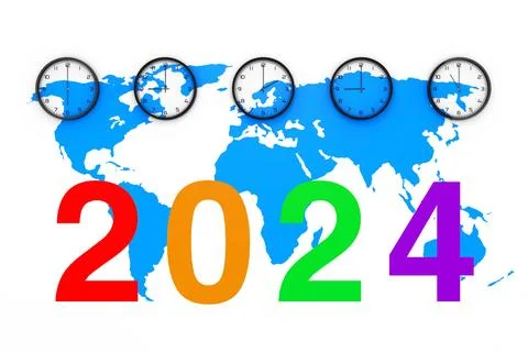 Set of Clocks with Different World Time, Blue World Map and New 2024 Year S.. Illustrazione stock