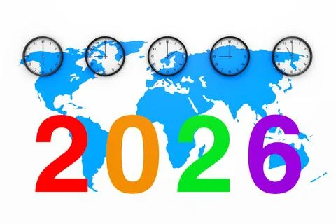 Set of Clocks with Different World Time, Blue World Map and New 2026 Year S.. Stock Illustration