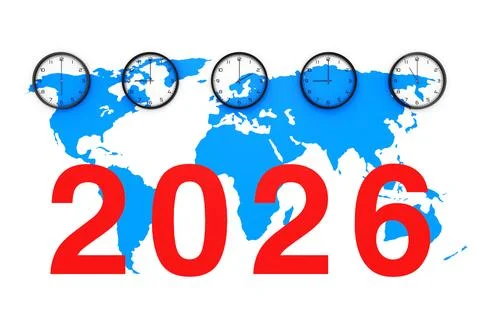 Set of Clocks with Different World Time, Blue World Map and New 2026 Year S.. Stock Illustration