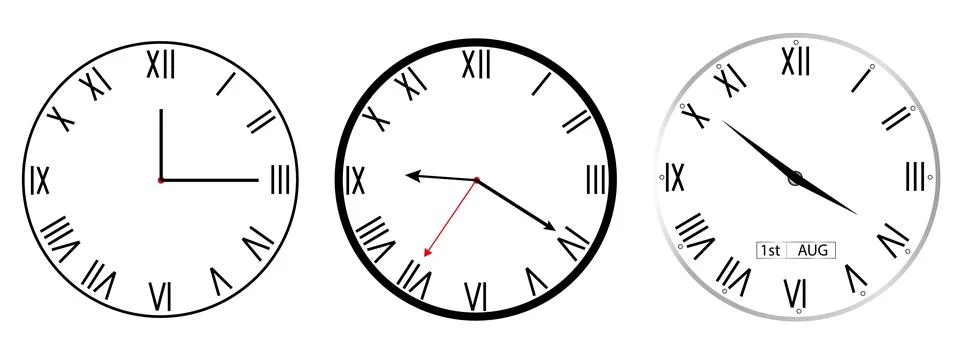 Set of clocks with editable hands and time, vector illustration. Stock Illustration