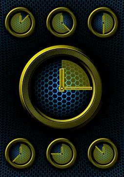 Set of clocks with hex background Stock Illustration