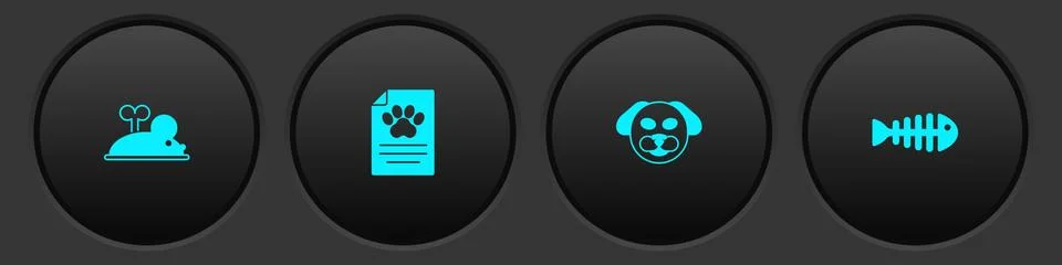 Set Clockwork mouse, Clinical record pet, Dog and Fish skeleton icon. Vector 스톡 일러스트