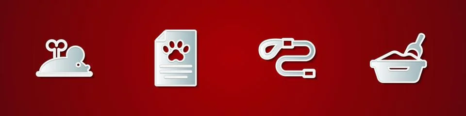 Set Clockwork mouse, Clinical record pet, Retractable leash and Cat litter tray Illustrazione stock