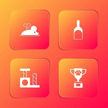 Set Clockwork mouse, Dustpan, Cat scratching post and Pet award icon. Vector Stock Illustration