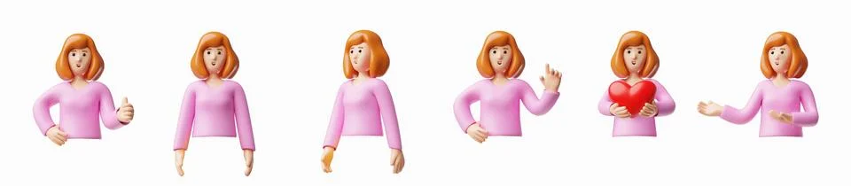 A set of close-up 3D female characters in pink sweaters, holding a heart, with Stock Illustration