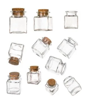 Set of closed and opened empty jars with bung Stock Photos