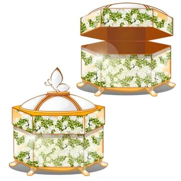 Set of closed and opened ornate gift boxes with lids green color with flower Stock Illustration