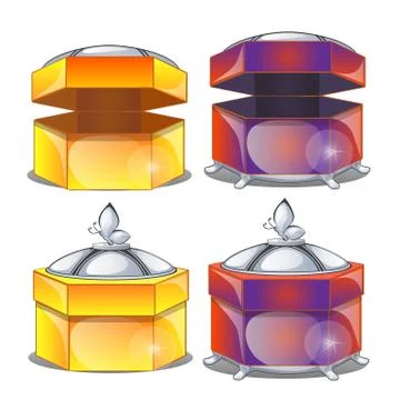 Set of closed and opened round ornate gift boxes with lids isolated on white Stock Illustration