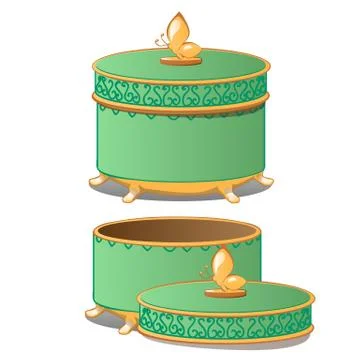 Set of closed and opened round ornate gift boxes with lids green color isolated Stock Illustration