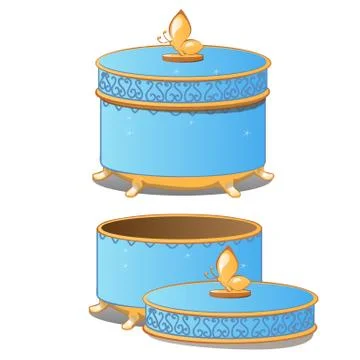 Set of closed and opened round ornate gift boxes with lids blue color isolated Stock Illustration