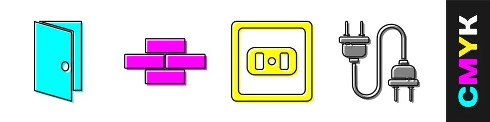 Set Closed door, Bricks, Electrical outlet and Electric plug icon. Vector Stock Illustration