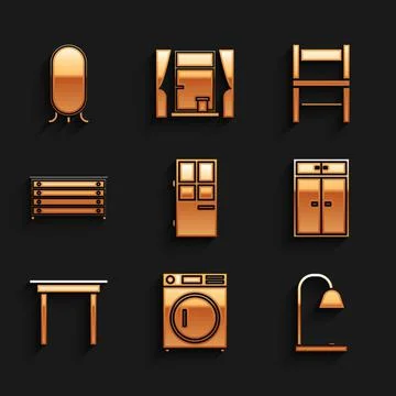 Set Closed door, Washer, Table lamp, Wardrobe, Wooden table, Chest of drawers Illustrazione stock