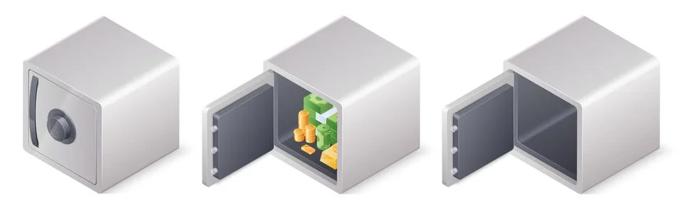 Set of closed full and empty safe boxes isolated on white background. Isometric Stockillustratie