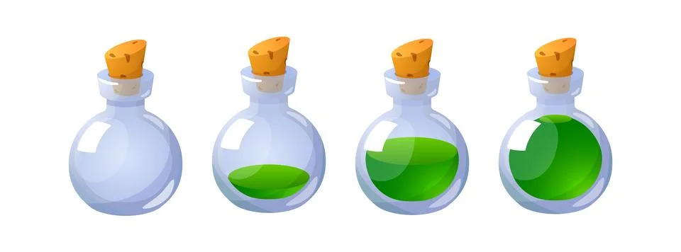 Set of closed glass bottles with different volume of green potion 스톡 일러스트