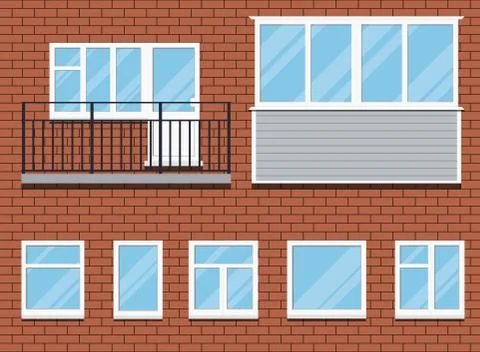 Set of closed plastic pvc windows and a balcony vector illustration. Ilustración de archivo
