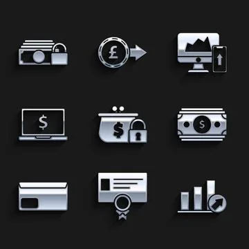 Set Closed wallet with lock, chart, diagram, infographic, pie graph, Stacks 스톡 일러스트