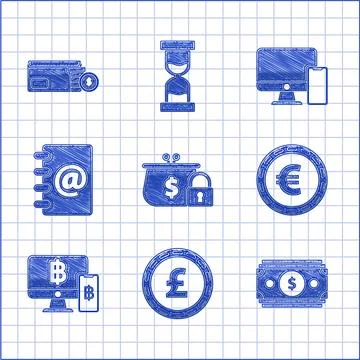 Set Closed wallet with lock, Coin money pound sterling symbol, Stacks paper.. Illustrazione stock