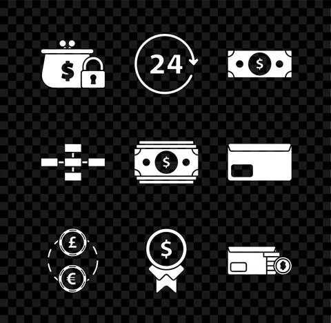 Set Closed wallet with lock, Stacks paper money cash, Money exchange, Reward for Illustrazione stock