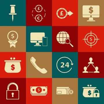 Set Closed wallet with lock, Target dollar symbol, Coin money pound sterling イラスト素材