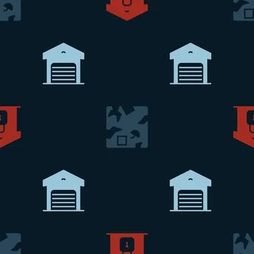 Set Closed warehouse, Broken cardboard box and Warehouse on seamless pattern Illustrazione stock