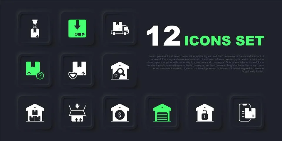 Set Closed warehouse, Document tracking marker, Delivery security with shie.. Illustrazione stock