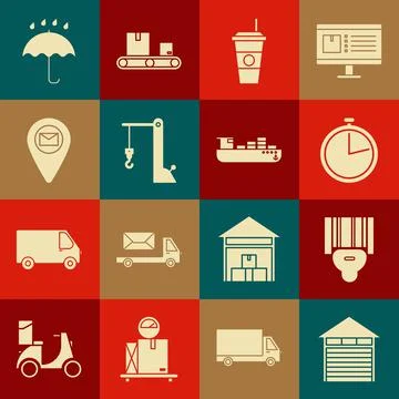 Set Closed warehouse, Scanner scanning bar code, Stopwatch, Coffee cup, Harbor Illustrazione stock