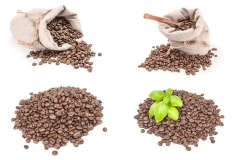 Set of closeup of coffee beans on a white background clipping path Stock Photos