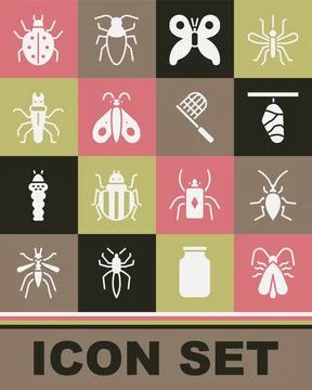 Set Clothes moth, Cockroach, Butterfly cocoon, Termite, Mite and net icon Stock Illustration