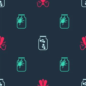 Set Clothes moth, Fireflies bugs in a jar and Spider on seamless pattern. Vector 스톡 일러스트