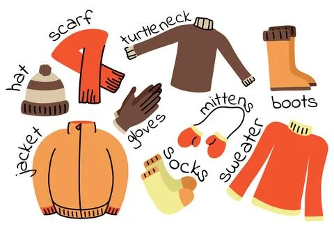 Set of clothes with the name of the element. Color image. Warm outerwear. C.. Illustrazione stock
