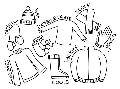 Set of clothes with the name of the item. Contour images for coloring. Warm.. Stock Illustration