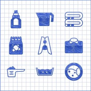 Set Clothes pin, Temperature wash, Washer, T-shirt, Washing powder, Laundry.. イラスト素材