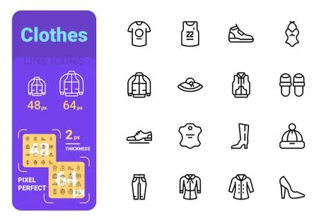 Set clothes simple lines icons of casual and sport. Stock Illustration