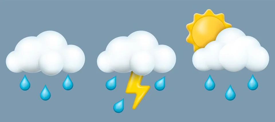 Set of cloud 3d with raindrops, lightning and sun. Vector illustration. Stock Illustration