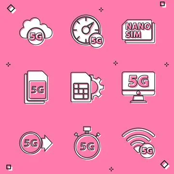 Set Cloud 5G network, Digital speed meter, Nano Sim Card, card setting, Monitor 스톡 일러스트