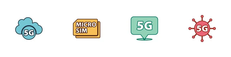 Set Cloud 5G network, Micro Sim Card, Location and icon. Vector Illustrazione stock
