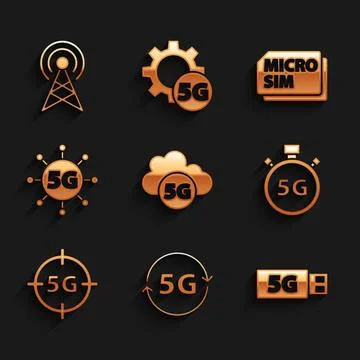 Set Cloud 5G network, modem, Digital speed meter, Micro Sim Card and Antenn.. 스톡 일러스트