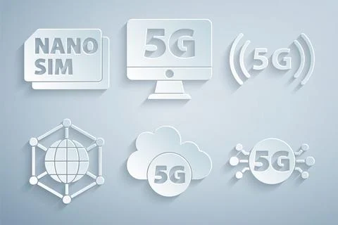 Set Cloud 5G network, Social, Monitor with and Nano Sim Card icon. Vector Stockillustratie