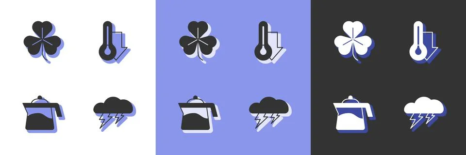 Set Cloud and lightning, Clover, Teapot and Thermometer icon. Vector Illustrazione stock